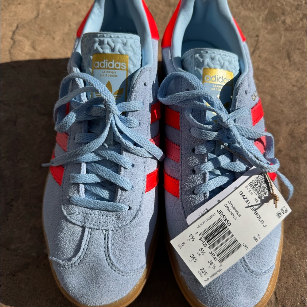 adidas Gazelle Bold youth Suede Sneakers - Light Blue with neon orange accents